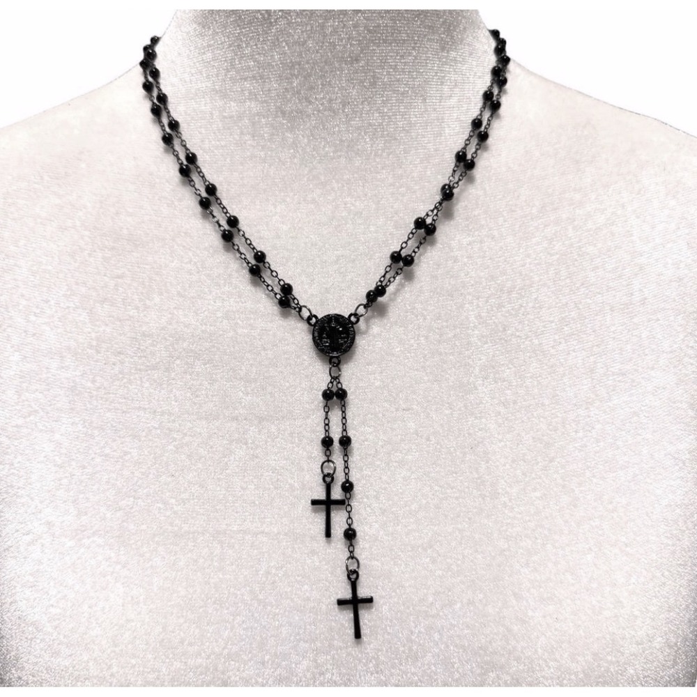 Black beaded rosary cross necklace with adjustable double strand chain - New